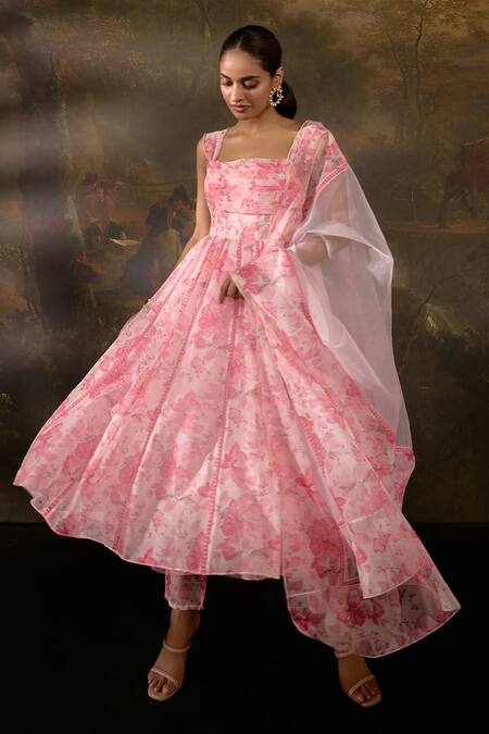 SAANJH BY LEA Pink Georgette Embroidery, Lace Tanvee Floral Print Corset Anarkali Pant Set Online at Aza Fashions SAANJH BY LEA_Pink Georgette Embroidery, Lace Tanvee Floral Print Corset Anarkali Pant Set _Online_at_Aza_Fashions