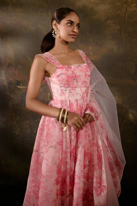 Buy SAANJH BY LEA Pink Georgette Embroidery, Lace Tanvee Floral Print Corset Anarkali Pant Set Online at Aza Fashions Buy_SAANJH BY LEA_Pink Georgette Embroidery, Lace Tanvee Floral Print Corset Anarkali Pant Set _Online_at_Aza_Fashions