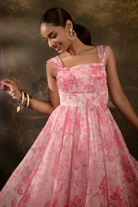 Shop SAANJH BY LEA Pink Georgette Embroidery, Lace Tanvee Floral Print Corset Anarkali Pant Set Online at Aza Fashions Shop_SAANJH BY LEA_Pink Georgette Embroidery, Lace Tanvee Floral Print Corset Anarkali Pant Set _Online_at_Aza_Fashions