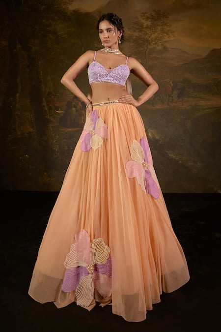 SAANJH BY LEA Orange Satin Embellished Pearl Sweetheart Tasmeekh Floral Applique Lehenga Set 