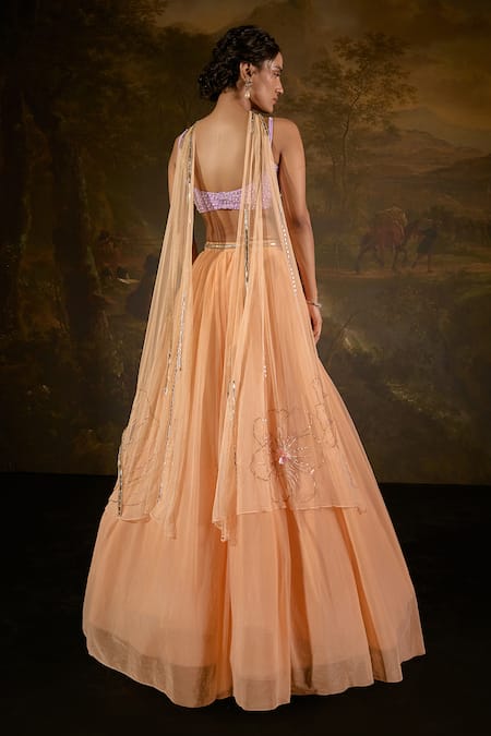 Shop_SAANJH BY LEA_Orange Satin, Polyester, Chiffon Tasmeekh Embellished Floral Lehenga Set _at_Aza_Fashions