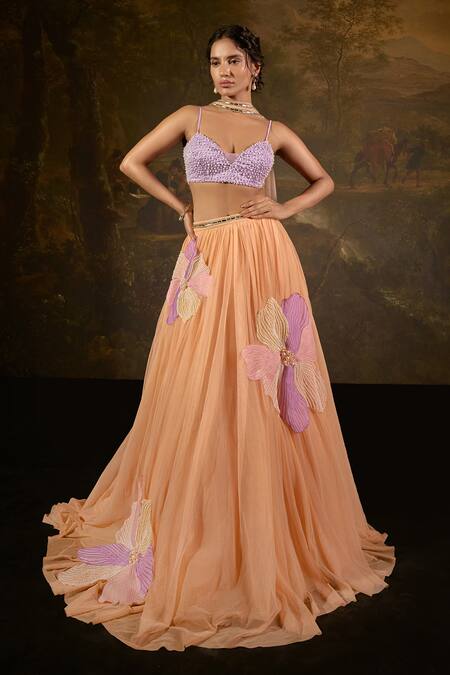 Buy_SAANJH BY LEA_Orange Satin, Polyester, Chiffon Tasmeekh Embellished Floral Lehenga Set _Online_at_Aza_Fashions