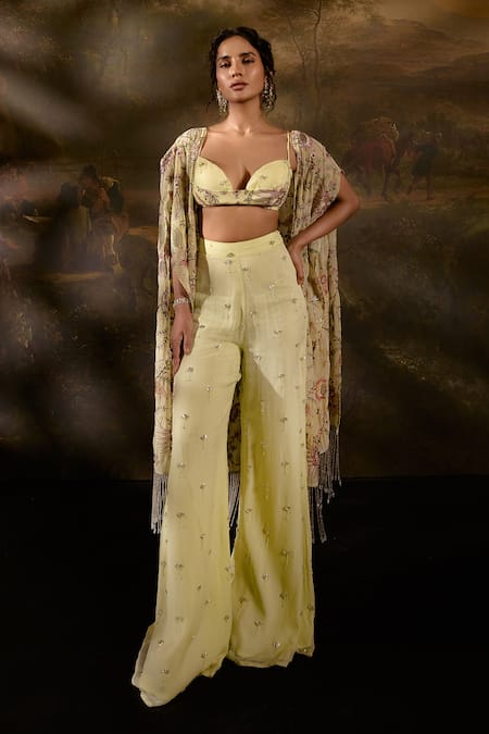 SAANJH BY LEA Yuvika Floral Embroidered Cape Pant Set 