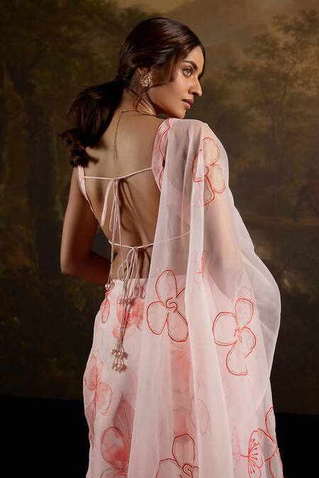 Shop_SAANJH BY LEA_Pink Organza, Polyester Beads, Embroidery Zayra Floral Print Kurta Pant Set _Online_at_Aza_Fashions