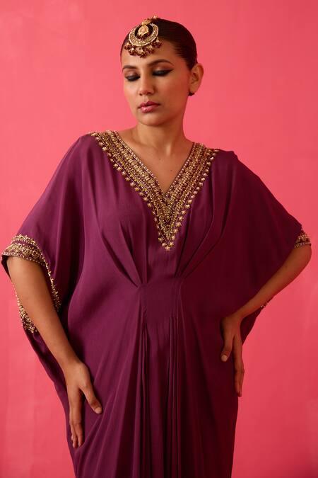 Radha Sharma_Wine Moss Crepe Embroidery Pearl V Neck Sequin Bloom Kaftan _Online_at_Aza_Fashions