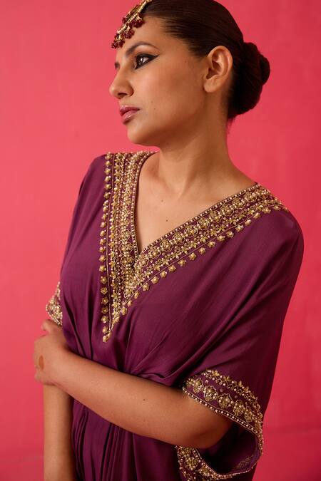 Buy_Radha Sharma_Wine Moss Crepe Embroidery Pearl V Neck Sequin Bloom Kaftan _Online_at_Aza_Fashions