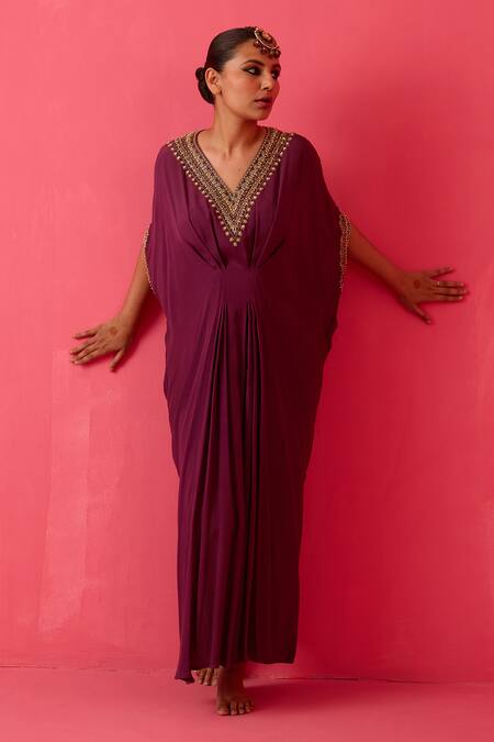 Shop_Radha Sharma_Wine Moss Crepe Embroidery Pearl V Neck Sequin Bloom Kaftan _Online_at_Aza_Fashions