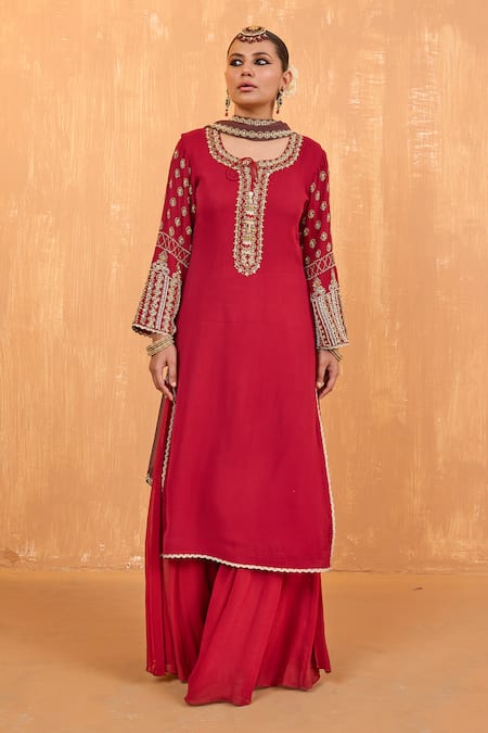 RADHA SHARMA Red Georgette Embroidery Pearl Round Neck Mughlai Bloom Kurta Palazzo Set 