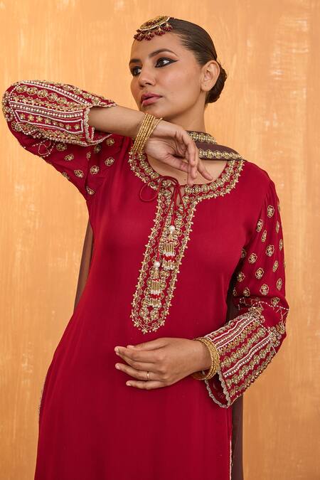 Radha Sharma Red Organza, Crepe, Georgette Pearls, Sequins, Mughlai Bloom Kurta Palazzo Set Online at Aza Fashions Radha Sharma_Red Organza, Crepe, Georgette Pearls, Sequins, Mughlai Bloom Kurta Palazzo Set _Online_at_Aza_Fashions