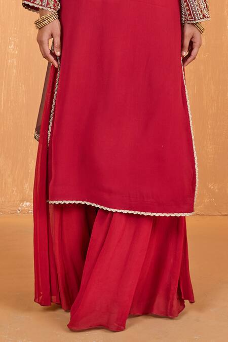 Buy Radha Sharma Red Organza, Crepe, Georgette Pearls, Sequins, Mughlai Bloom Kurta Palazzo Set Online at Aza Fashions Buy_Radha Sharma_Red Organza, Crepe, Georgette Pearls, Sequins, Mughlai Bloom Kurta Palazzo Set _Online_at_Aza_Fashions