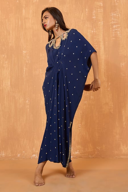 Buy Radha Sharma Blue Moss Crepe Embroidery Pearl Boat Neck Celeste Sequin Kaftan Online at Aza Fashions Buy_Radha Sharma_Blue Moss Crepe Embroidery Pearl Boat Neck Celeste Sequin Kaftan _Online_at_Aza_Fashions