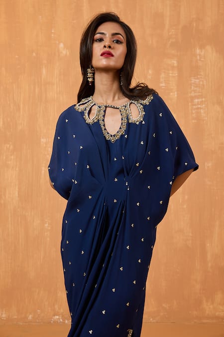 Shop Radha Sharma Blue Moss Crepe Embroidery Pearl Boat Neck Celeste Sequin Kaftan Online at Aza Fashions Shop_Radha Sharma_Blue Moss Crepe Embroidery Pearl Boat Neck Celeste Sequin Kaftan _Online_at_Aza_Fashions