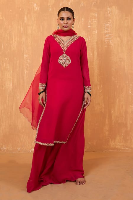 RADHA SHARMA Sequin Blossom Embroidered Kurta Palazzo Set 