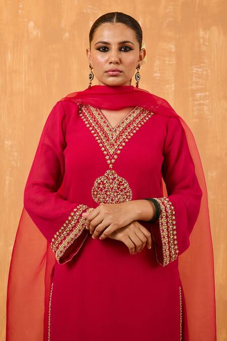 Buy Radha Sharma Pink Organza, Crepe, Georgette Pearls, Blossom Embroidered Kurta Palazzo Set Online at Aza Fashions Buy_Radha Sharma_Pink Organza, Crepe, Georgette Pearls, Blossom Embroidered Kurta Palazzo Set _Online_at_Aza_Fashions