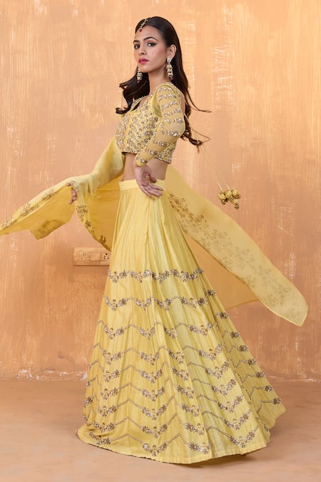 Radha Sharma_Yellow Organza, Silk, Chanderi Sequins, Pearls Gul Embroidered Lehenga Set _Online_at_Aza_Fashions