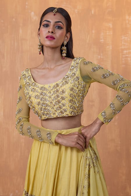 Buy_Radha Sharma_Yellow Organza, Silk, Chanderi Sequins, Pearls Gul Embroidered Lehenga Set _Online_at_Aza_Fashions