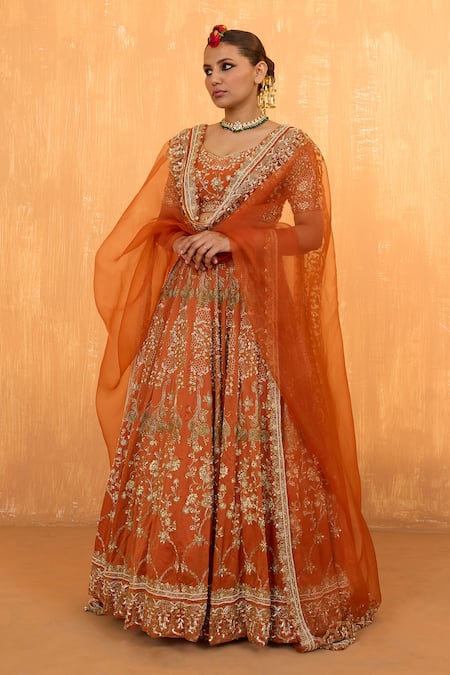 RADHA SHARMA Orange Silk Chanderi Embroidery Gullista Dabka And Sequin Bridal Lehenga Set 