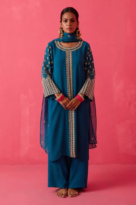 Shop Radha Sharma Green Organza, Crepe, Georgette Persian Bloom Embroidered Kurta Palazzo Set Online at Aza Fashions Shop_Radha Sharma_Green Organza, Crepe, Georgette Persian Bloom Embroidered Kurta Palazzo Set _Online_at_Aza_Fashions