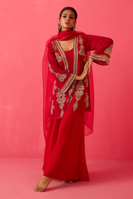 RADHA SHARMA Red Georgette Embroidery Pearl Round Neck Clover Bloom Kurta Sharara Set 