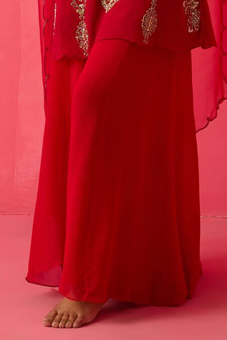 Radha Sharma Red Organza, Crepe, Georgette Pearls, Sequins, Clover Bloom Kurta Sharara Set Online at Aza Fashions Radha Sharma_Red Organza, Crepe, Georgette Pearls, Sequins, Clover Bloom Kurta Sharara Set _Online_at_Aza_Fashions