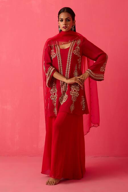 Buy Radha Sharma Red Organza, Crepe, Georgette Pearls, Sequins, Clover Bloom Kurta Sharara Set Online at Aza Fashions Buy_Radha Sharma_Red Organza, Crepe, Georgette Pearls, Sequins, Clover Bloom Kurta Sharara Set _Online_at_Aza_Fashions