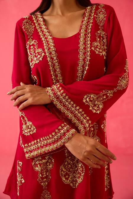 Shop Radha Sharma Red Organza, Crepe, Georgette Pearls, Sequins, Clover Bloom Kurta Sharara Set Online at Aza Fashions Shop_Radha Sharma_Red Organza, Crepe, Georgette Pearls, Sequins, Clover Bloom Kurta Sharara Set _Online_at_Aza_Fashions
