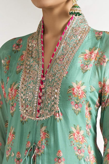 Gopi Vaid_Green Cotton, Silk, Linen, Satin, Net Floral Pattern Kurta Palazzo Set _at_Aza_Fashions