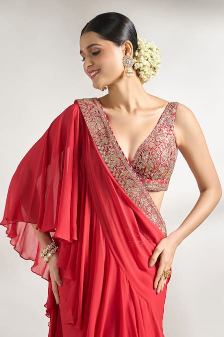 Gopi Vaid_Red Cotton, Silk, Georgette Embroidery, Border Pre-draped Saree With Blouse _at_Aza_Fashions