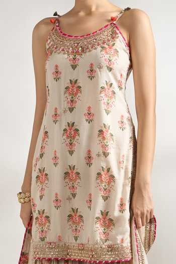 Shop_Gopi Vaid_Ivory Cotton, Silk, Chiffon Embroidery, Bloom Print Strappy Kurta Sharara Set _Online_at_Aza_Fashions