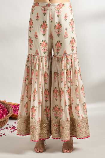 Gopi Vaid_Ivory Cotton, Silk, Chiffon Embroidery, Bloom Print Strappy Kurta Sharara Set _at_Aza_Fashions