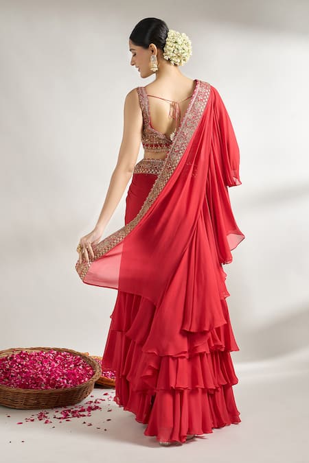 Gopi Vaid Border Embroidered Pre-Draped Saree With Blouse 