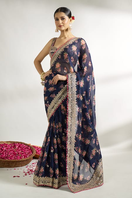 Gopi Vaid Floral Print Saree With Embroidered Blouse 