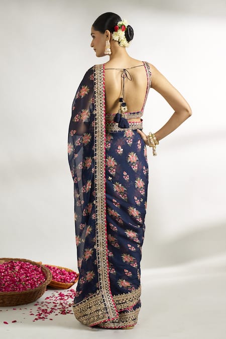 Gopi Vaid Floral Print Saree With Embroidered Blouse 
