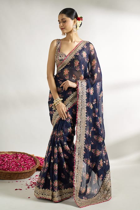 Buy_Gopi Vaid_Blue Cotton, Silk Embroidery Sweetheart Neck Floral Print Saree With Blouse _Online_at_Aza_Fashions
