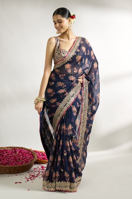 Gopi Vaid_Blue Cotton, Silk Embroidery Sweetheart Neck Floral Print Saree With Blouse _at_Aza_Fashions
