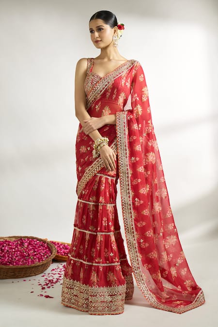 Gopi Vaid Red Cotton Silk Printed Floral Sweetheart Layered Pre-draped Saree With Blouse 