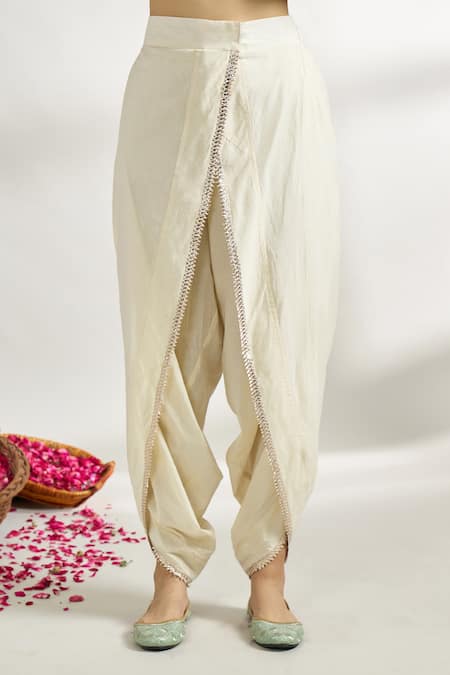 Gopi Vaid_Ivory , Silk, Satin, Net Printed Short Anarkali Dhoti Pant Set _at_Aza_Fashions