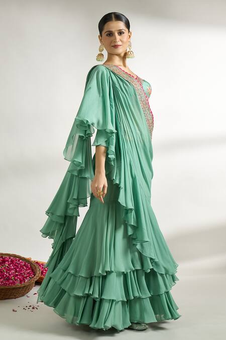 Gopi Vaid_Green Cotton Satin, Georgette, Frilled Pre-draped Saree With Printed Blouse _at_Aza_Fashions