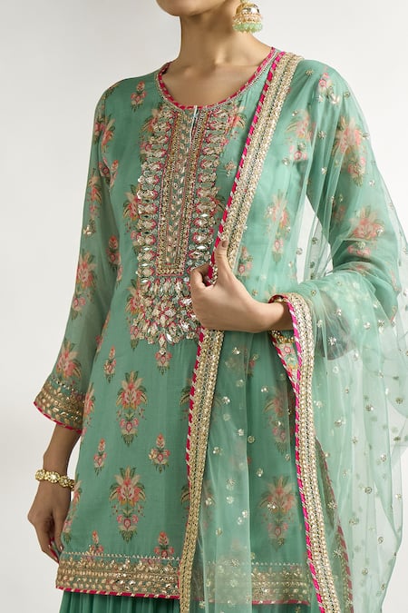 Gopi Vaid_Green Cotton, Silk, Net Sequins, Embroidery, Zari Floral Print Kurta Sharara Set _at_Aza_Fashions