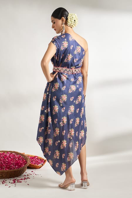 Gopi Vaid One Shoulder Printed Dress With Belt 