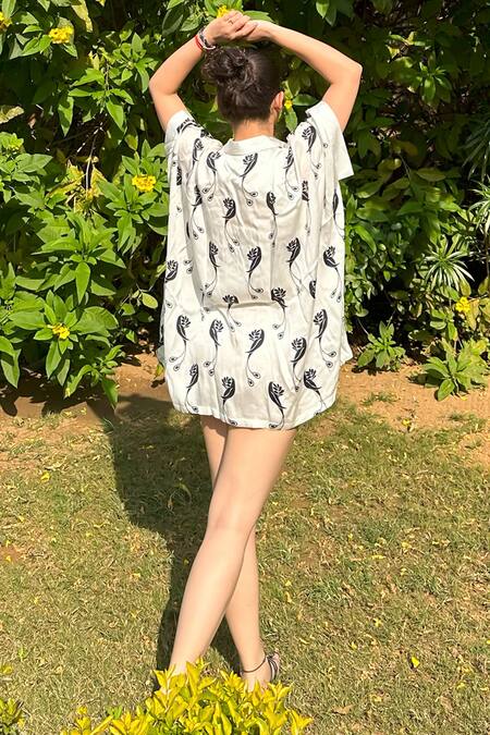 Shop_Thee Modern Roots_Ivory Silk Satin Collared Bird Paradise Print Boxy Shirt _Online_at_Aza_Fashions