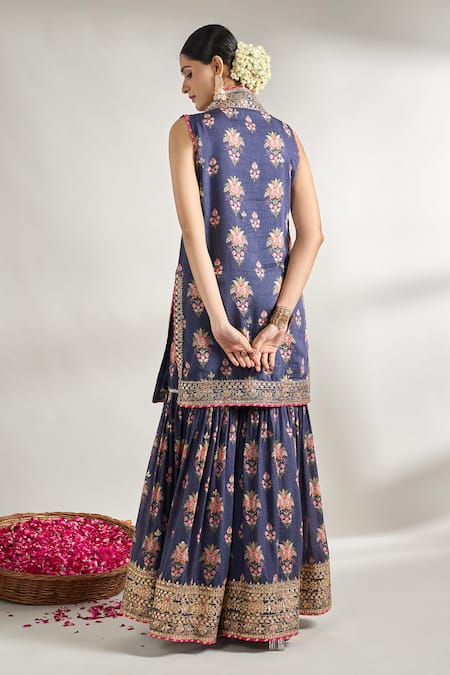 Shop Gopi Vaid Blue Cotton, Silk, Chiffon Gota Patti, Embroidery Printed Kurta Sharara Set at Aza Fashions Shop_Gopi Vaid_Blue Cotton, Silk, Chiffon Gota Patti, Embroidery Printed Kurta Sharara Set _at_Aza_Fashions