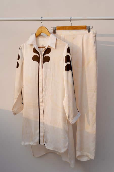 Shop Thee Modern Roots Beige Silk Satin Embroidery Daffodil Marble Swirl High Low Kurta With Pant Shop_Thee Modern Roots_Beige Silk Satin Embroidery Daffodil Marble Swirl High Low Kurta With Pant