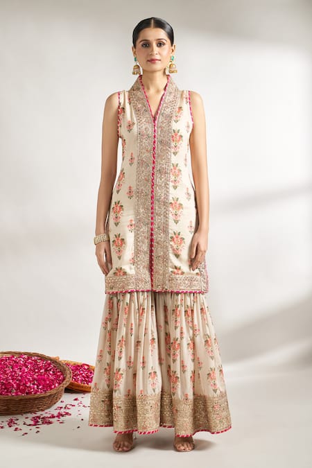 Gopi Vaid_Ivory Cotton, Silk, Chiffon Gota Patti, Flower Print Kurta Sharara Set _at_Aza_Fashions