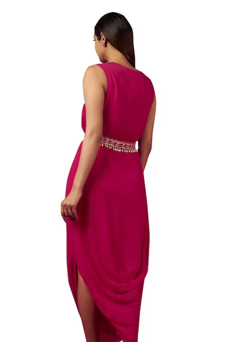 Shop Blue Lotus Design Pink Georgette Embroidery V-neck Neckline Cowl Dress Online at Aza Fashions Shop_Blue Lotus Design_Pink Georgette Embroidery V-neck Neckline Cowl Dress _Online_at_Aza_Fashions