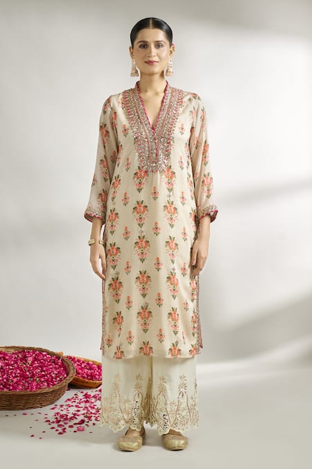 Shop Gopi Vaid Ivory Cotton, Silk Embroidery V-neck Flower Print Tunic Online at Aza Fashions Shop_Gopi Vaid_Ivory Cotton, Silk Embroidery V-neck Flower Print Tunic _Online_at_Aza_Fashions
