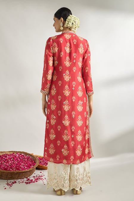 Shop_Gopi Vaid_Red Cotton, Silk Embroidery V-neck Floral Print Tunic _at_Aza_Fashions