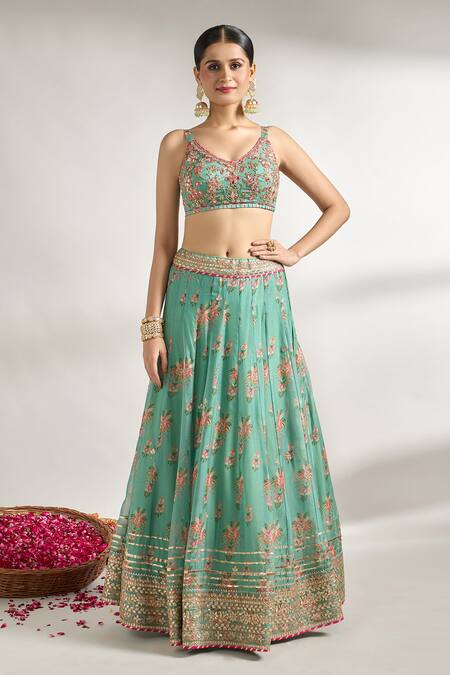 Buy_Gopi Vaid_Green Cotton, Silk, Net Embroidery, Zari, Gota Patti, Floral Print Lehenga Set _Online_at_Aza_Fashions