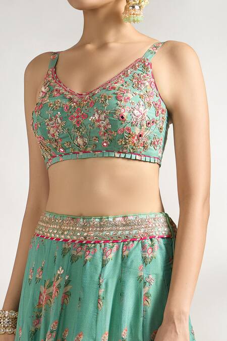 Gopi Vaid_Green Cotton, Silk, Net Embroidery, Zari, Gota Patti, Floral Print Lehenga Set _at_Aza_Fashions