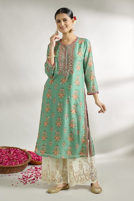 Gopi Vaid Green Cotton Silk Printed Floral Round Straight Tunic 